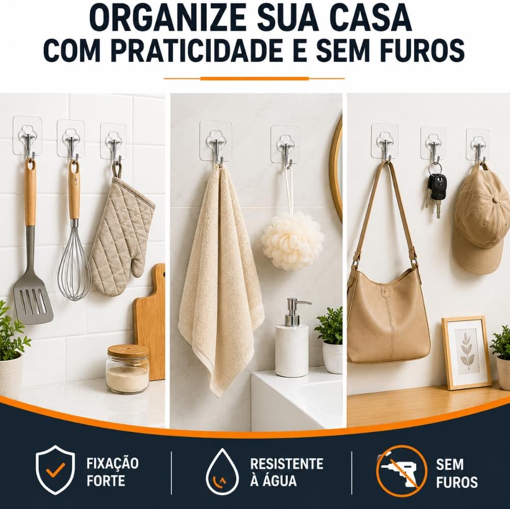 Kit 10 Ganchos Adesivos Transparentes 180° Forte Sem Furo Ultra Fixação IZEHOOK PRO IZESHOP Ganchos adesivos sem furo para instalação simples e rápida em superfícies lisas