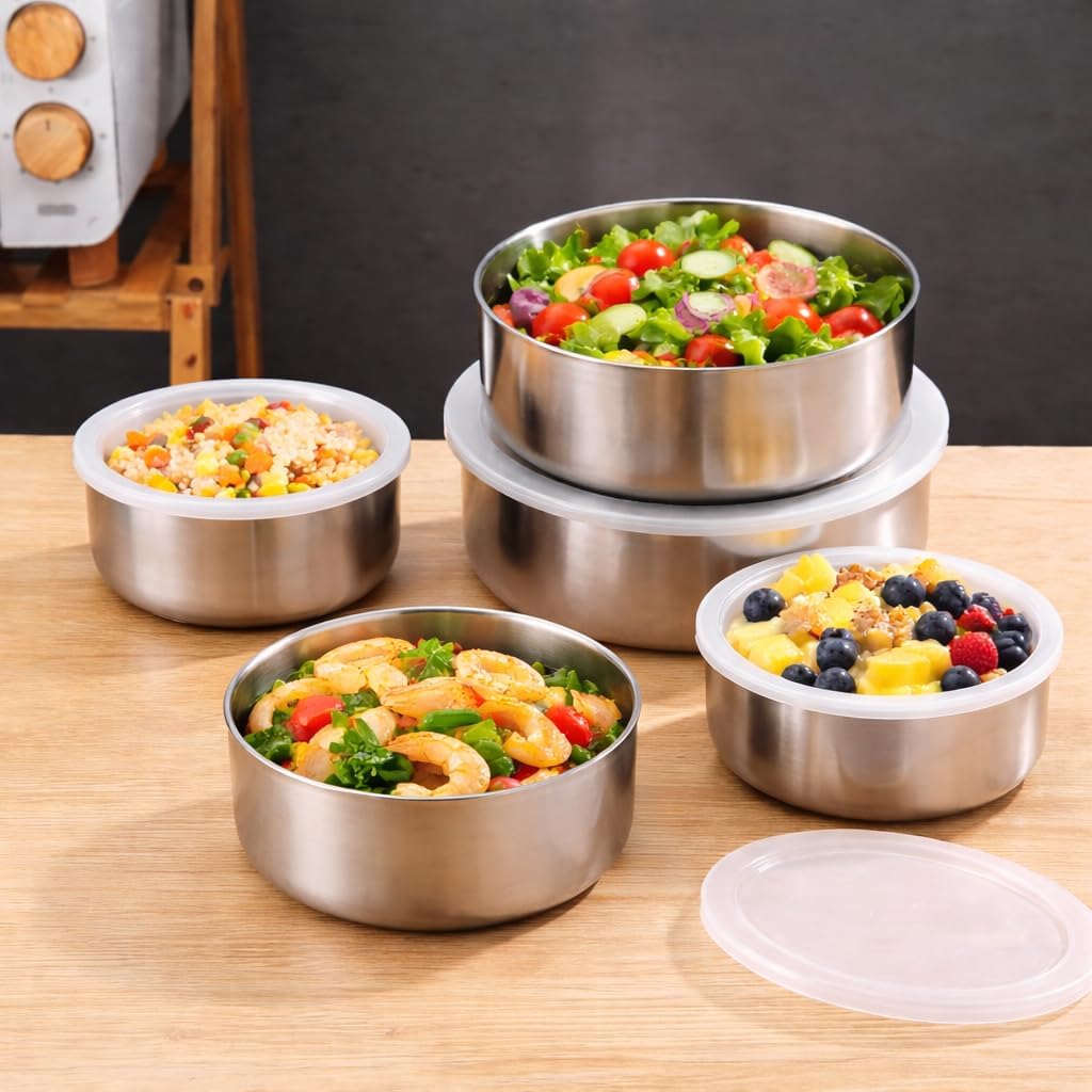 Kit 5 Tigelas Herméticas Aço Inox Redondas com Tampa Vedação Segura Organiza Fácil IZEHOLD PRO IZESHOP Tigelas redondas de aço inox com acabamento escovado e tampas translúcidas para cozinha organizada