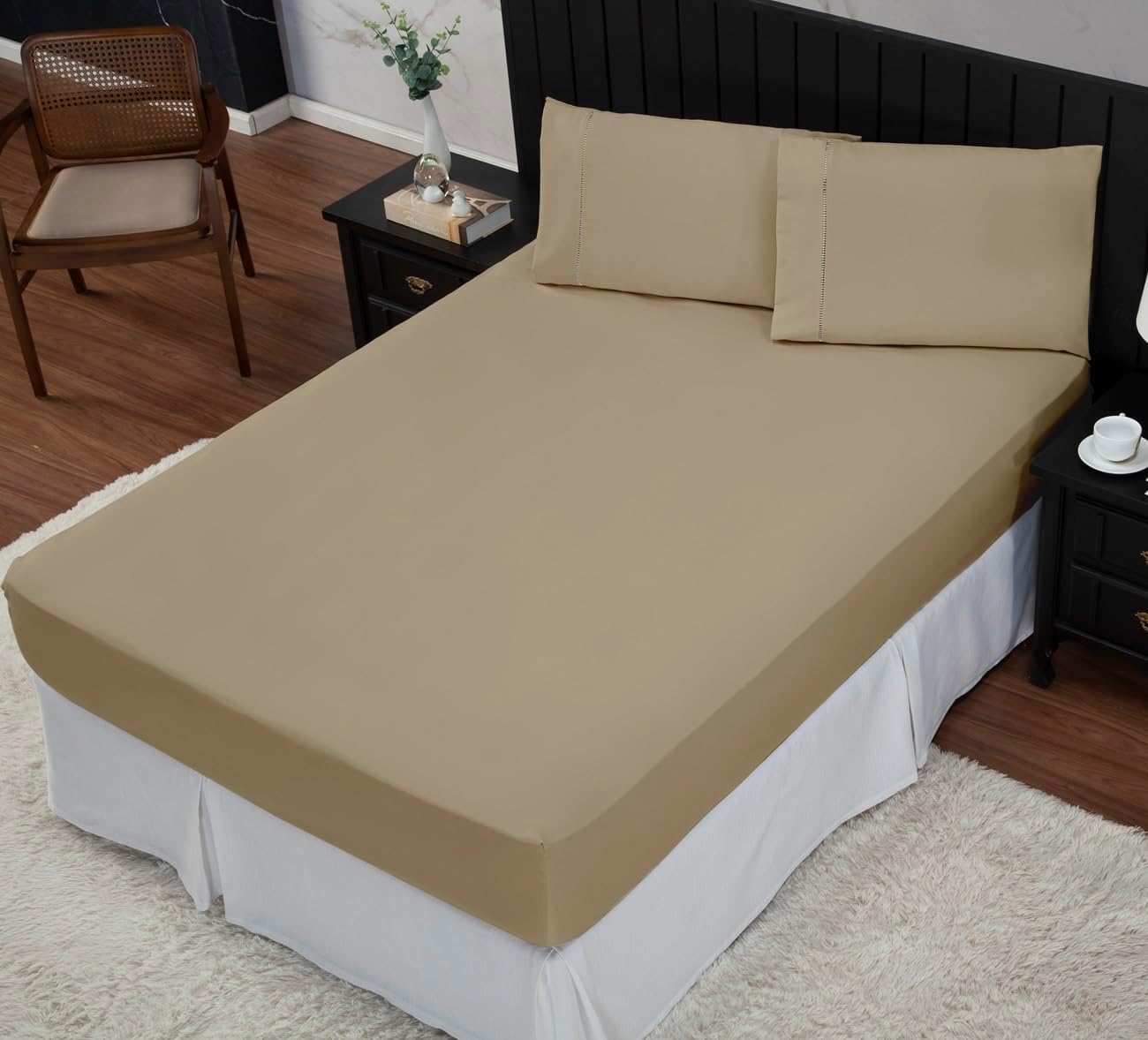 Jogo de Cama Casal Percal Bege Avelã 400 Fios Fendi 3 Peças Antiácaro Anti-Pilling Toque Macio IZECOMFORT PRO IZESHOP Jogo de lençol casal fendi antiácaro com fronha e lençol ajustável para colchão alto
