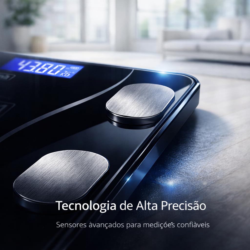 Balança Digital Bioimpedância Bluetooth Vidro Temperado LED App Saúde IMC Gordura Corporal IZEFIT PRO IZESHOP Balança digital com conexão Bluetooth e visualização de métricas no aplicativo de saúde