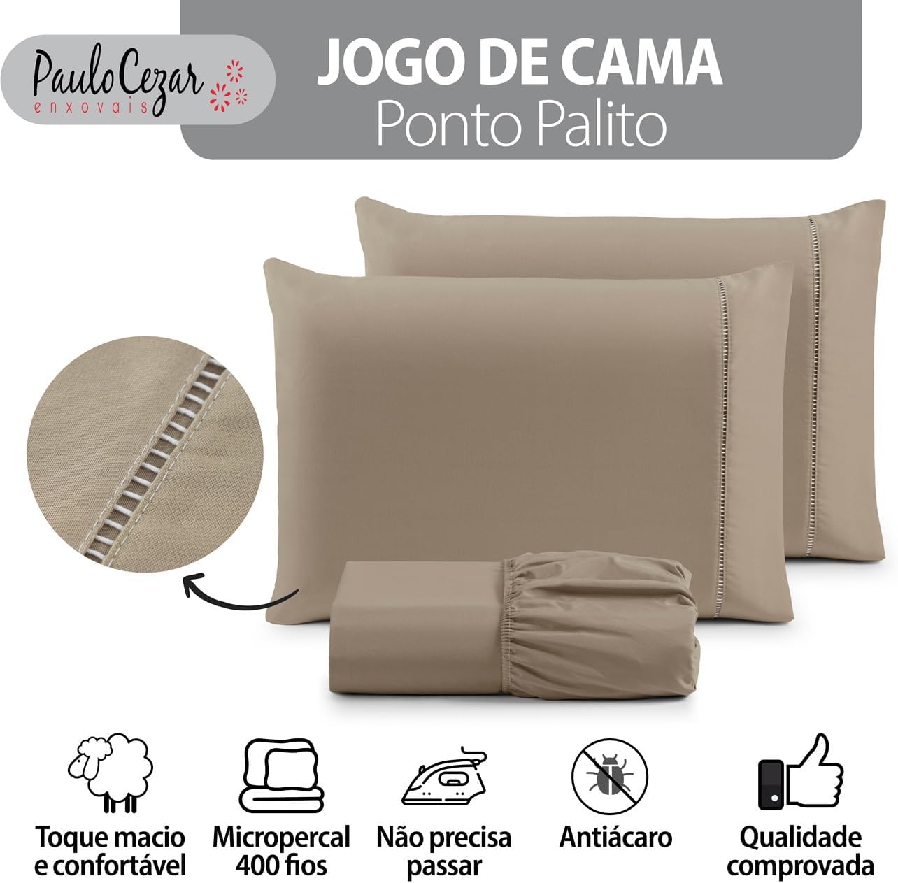 Jogo de Cama Casal Percal Bege Avelã 400 Fios Fendi 3 Peças Antiácaro Anti-Pilling Toque Macio IZECOMFORT PRO IZESHOP Lençol casal com elástico na volta toda e acabamento em percal 400 fios fendi
