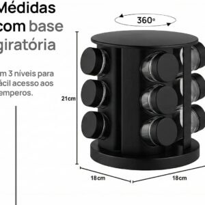 Porta Temperos Giratório 12 Potes Vidro Preto 360° Organizador Premium IZEFLAVOR PRO Porta Temperos Giratório 12 Potes Vidro Preto 360° Organizador Premium IZEFLAVOR PRO