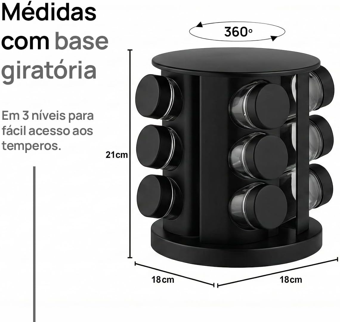 Porta Temperos Giratório 12 Potes Vidro Preto 360° Organizador Premium IZEFLAVOR PRO IZESHOP Porta condimentos premium com potes de vidro e tampa preta para cozinhas compactas
