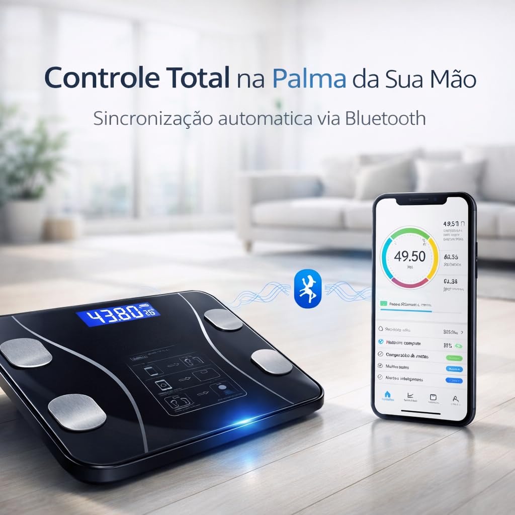Balança Digital Bioimpedância Bluetooth Vidro Temperado LED App Saúde IMC Gordura Corporal IZEFIT PRO IZESHOP Balança de bioimpedância para uso familiar com perfis diferentes no aplicativo