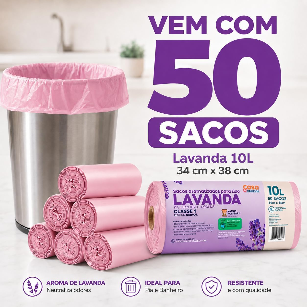 Saco de Lixo Perfumado Lavanda 10L 50 Unidades Plástico Anti-Odores IZEFRESH MAX IZESHOP Saco de lixo aromatizado 10 litros com perfume de lavanda para banheiro e quarto