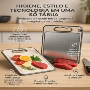 Tábua de Corte Inox Dupla Face Fibra de Trigo Antirrespingo Antiderrapante Afiador IZECHOP PRO