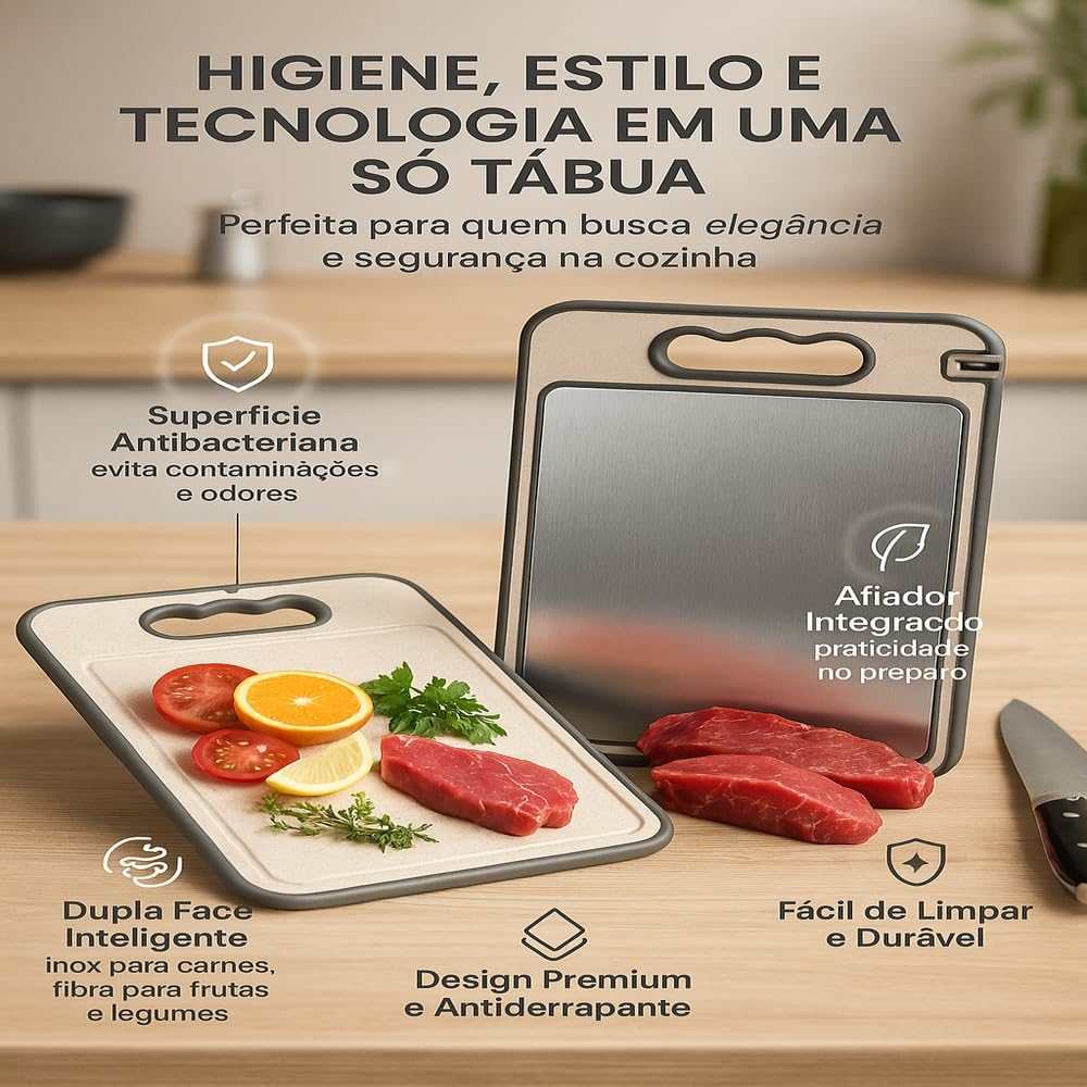 Tábua de Corte Inox Dupla Face Fibra de Trigo Antirrespingo Antiderrapante Afiador IZECHOP PRO