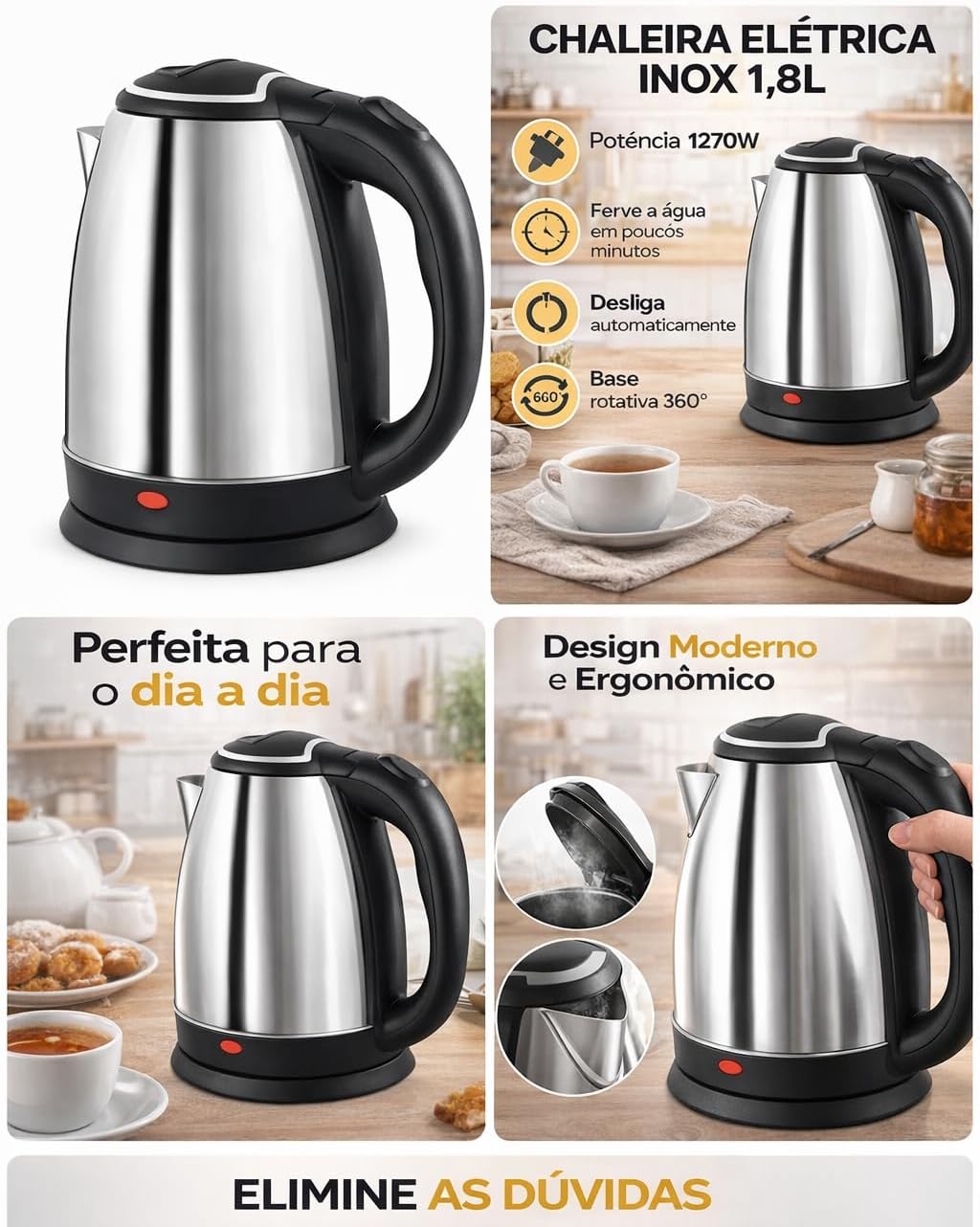 Chaleira Elétrica Inox 2L 220V Desligamento Automático Base 360° Aquecimento Rápido IZEBOIL PRO