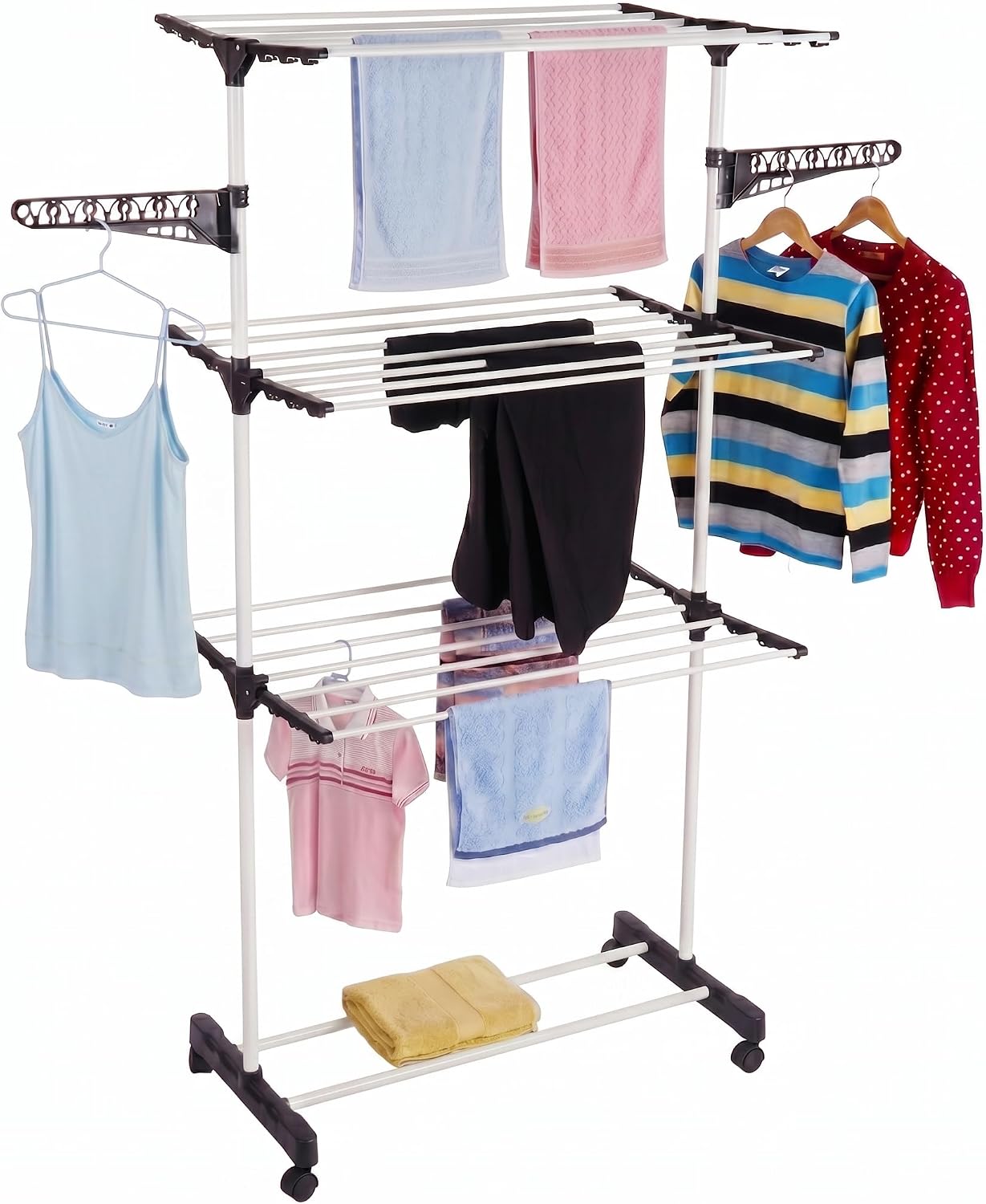 Varal de Chão 3 Andares Dobrável Regulável Preto com Rodinhas, Cabideiro e Sapateira IZEHOME PRO IZESHOP Varal de chão 3 andares IZEHOME PRO preto dobrável com rodinhas para áreas pequenas
