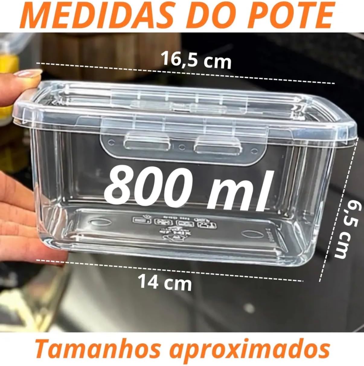 Kit 10 Potes Herméticos 800ml Transparente BPA Free Micro-ondas Freezer Retangular Empilhável IZELOCK PRO IZESHOP Kit de potes retangulares empilháveis IZELOCK PRO para freezer, micro-ondas e geladeira