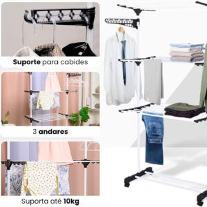 Varal de Chão 3 Andares Dobrável Regulável Preto com Rodinhas, Cabideiro e Sapateira IZEHOME PRO Varal de Chão 3 Andares Dobrável Regulável Preto com Rodinhas, Cabideiro e Sapateira IZEHOME PRO
