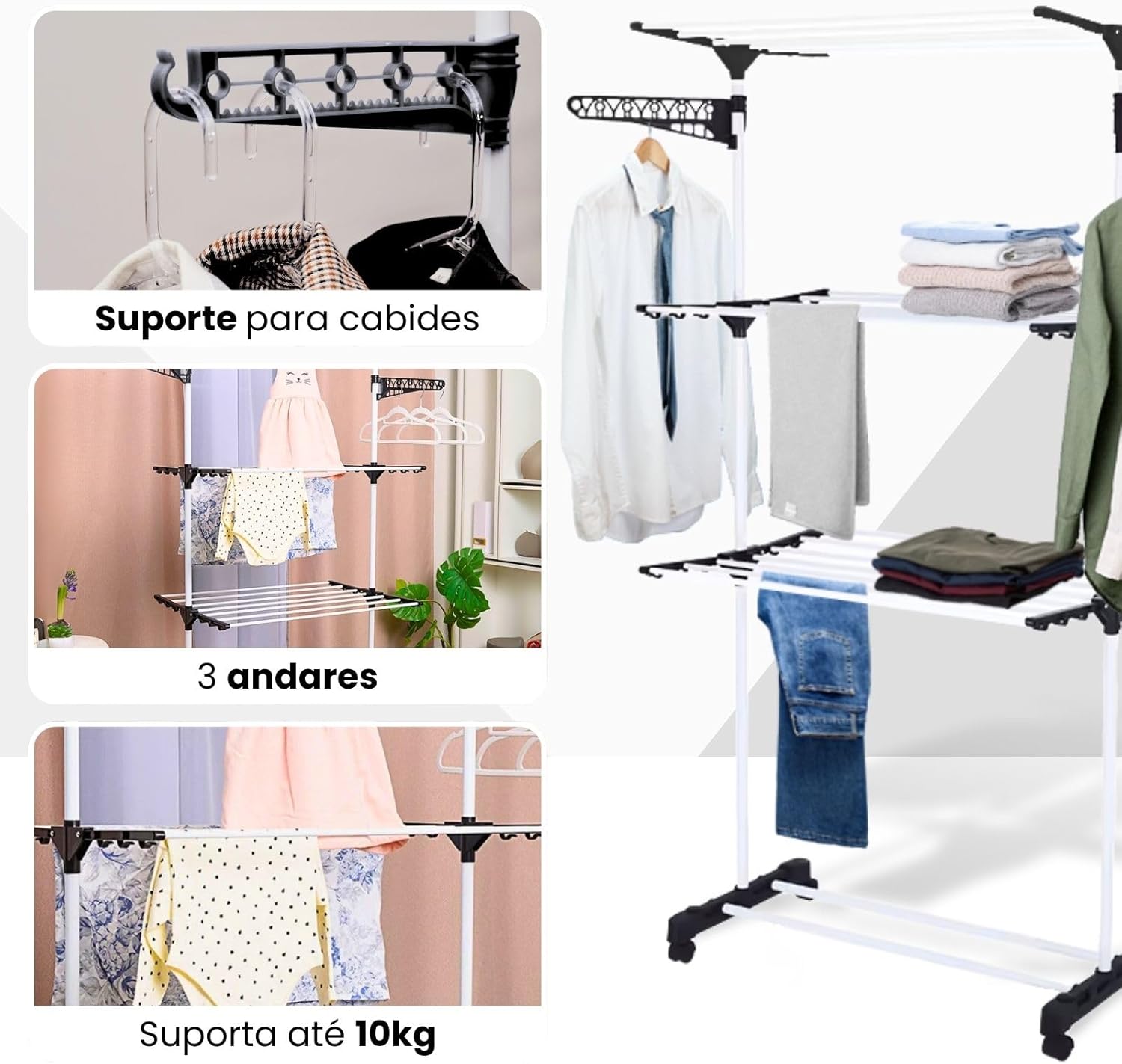 Varal de Chão 3 Andares Dobrável Regulável Preto com Rodinhas, Cabideiro e Sapateira IZEHOME PRO IZESHOP Varal IZEHOME PRO com cabideiro lateral para vestidos blazers e blusinhas