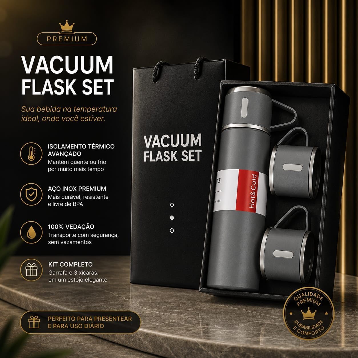 Garrafa Térmica Inox 500ml Fosca Cinza 3 Copos Click Rápido Premium IZEVENTURE