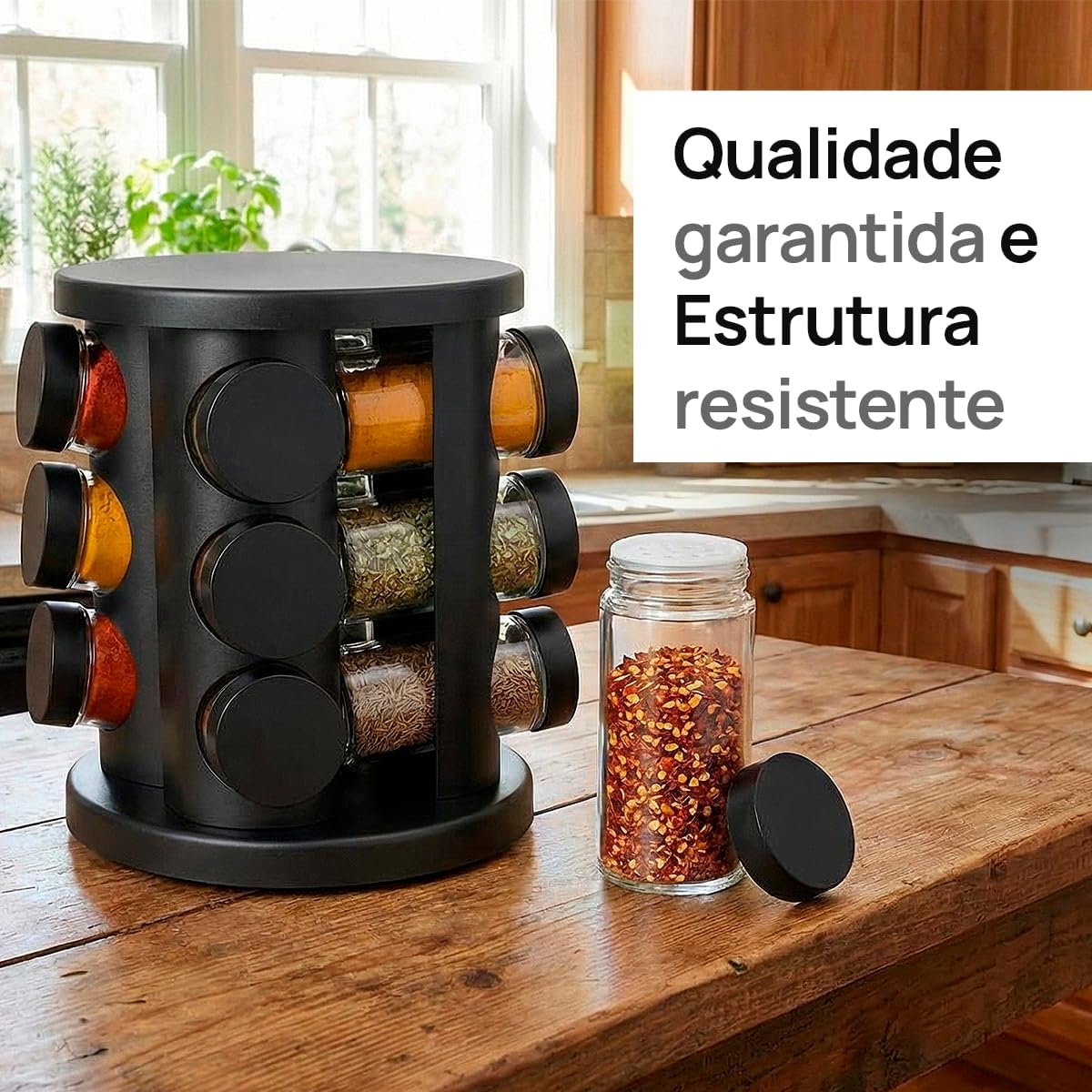 Porta Temperos Giratório 12 Potes Vidro Preto 360° Organizador Premium IZEFLAVOR PRO IZESHOP Organizador de temperos giratório 360 graus com 12 potes de vidro para uso na bancada