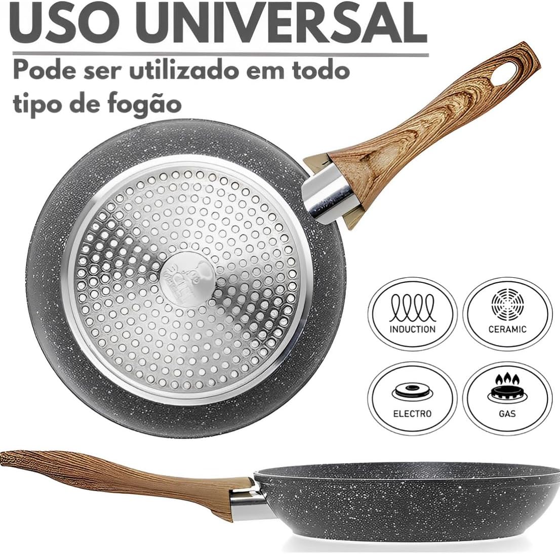 Frigideira Cerâmica 24cm 2,5L Antiaderente Fundo Indução Cabo Madeira Premium IZECOOK MAX IZESHOP Frigideira premium IZECOOK MAX com acabamento em cerâmica e design versátil para cozinha
