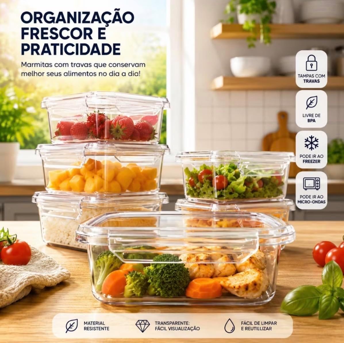 Kit 10 Potes Herméticos 800ml Transparente BPA Free Micro-ondas Freezer Retangular Empilhável IZELOCK PRO IZESHOP Potes herméticos 800ml com tampa vedada para conservar refeições, frutas e legumes