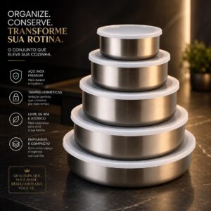 Kit 5 Tigelas Herméticas Aço Inox Redondas com Tampa Vedação Segura Organiza Fácil IZEHOLD PRO Kit 5 Tigelas Herméticas Aço Inox Redondas com Tampa Vedação Segura Organiza Fácil IZEHOLD PRO