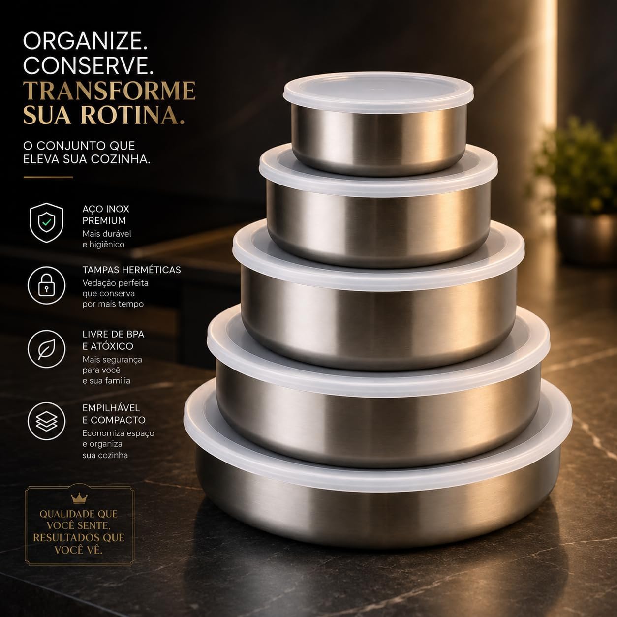 Kit 5 Tigelas Herméticas Aço Inox Redondas com Tampa Vedação Segura Organiza Fácil IZEHOLD PRO IZESHOP Conjunto empilhável de tigelas de inox para organizar geladeira despensa e preparo de receitas