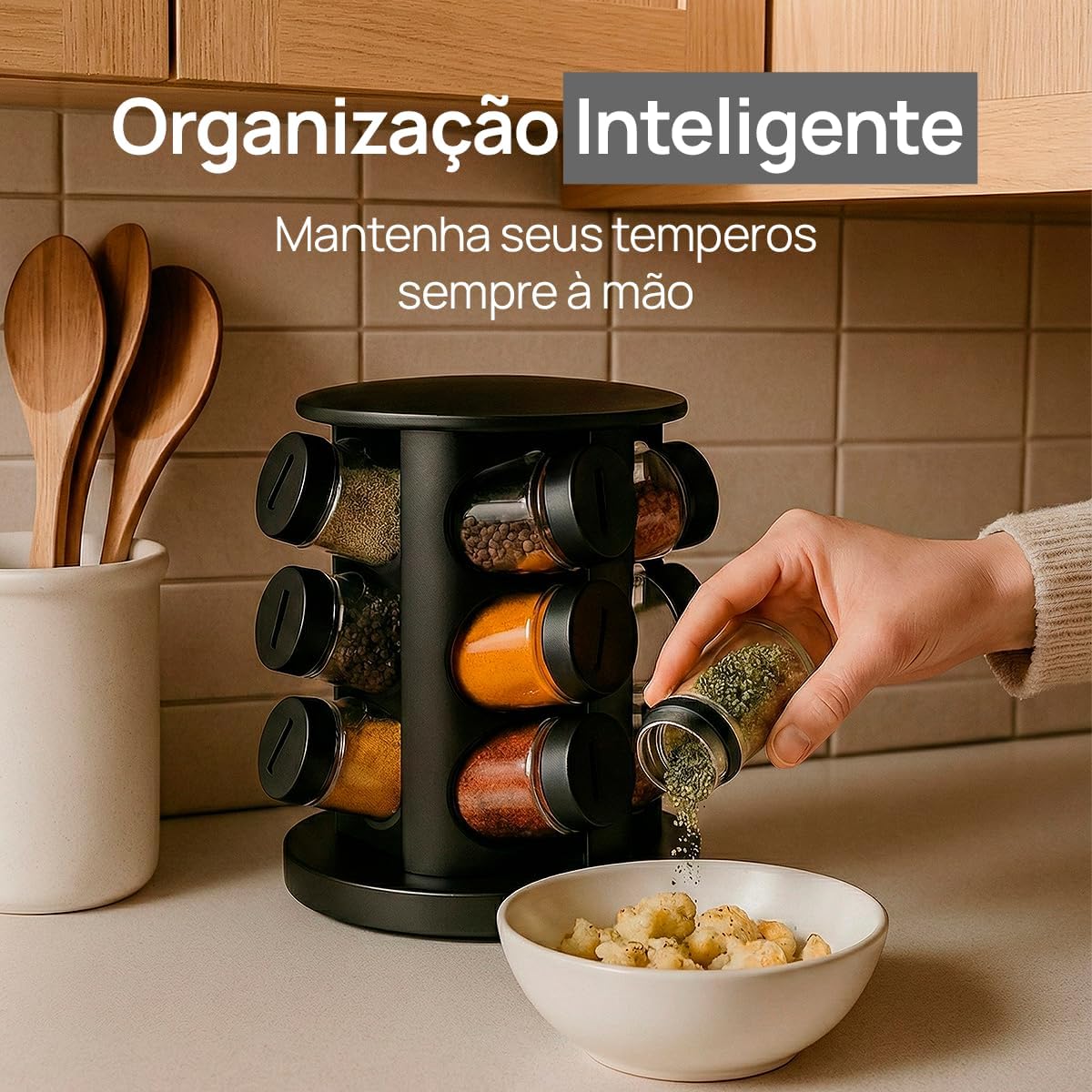 Porta Temperos Giratório 12 Potes Vidro Preto 360° Organizador Premium IZEFLAVOR PRO IZESHOP Estrutura preta fosca do organizador giratório de temperos com base estável e potes de vidro
