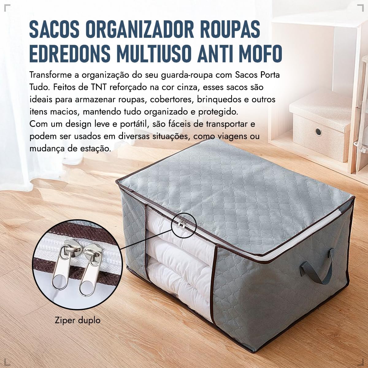 Kit 2 Sacos Organizadores TNT Impermeável Cinza 60x40x35cm Anti Mofo IZEBOX PRO