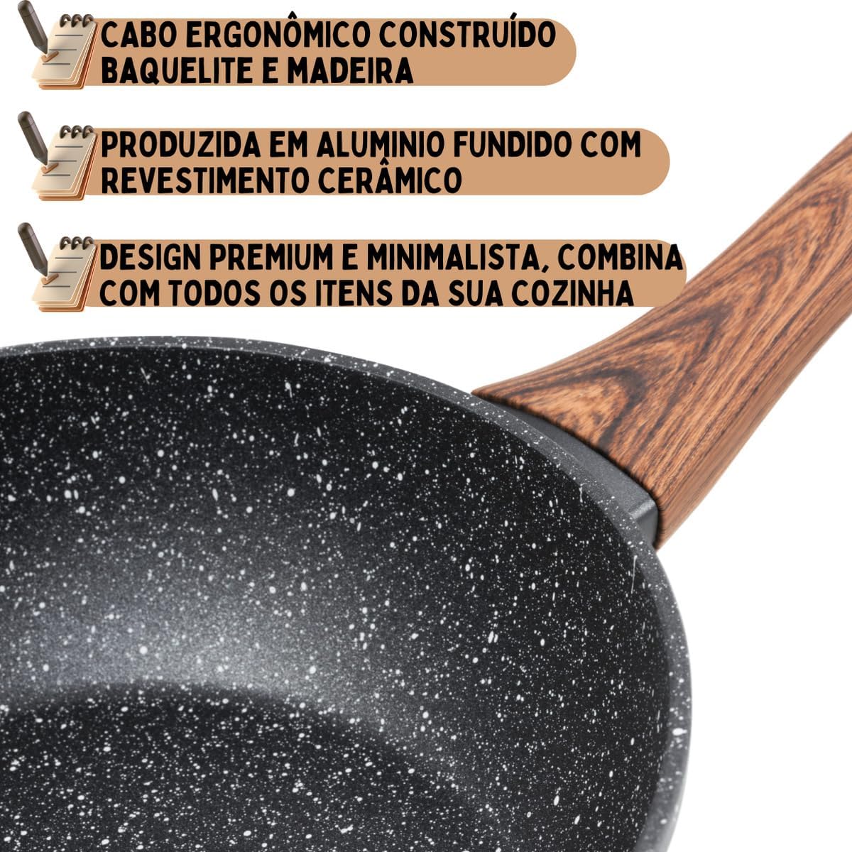 Frigideira Cerâmica 24cm 2,5L Antiaderente Fundo Indução Cabo Madeira Premium IZECOOK MAX IZESHOP Frigideira IZECOOK MAX 24 cm com cabo ergonômico de madeira e corpo em cerâmica resistente