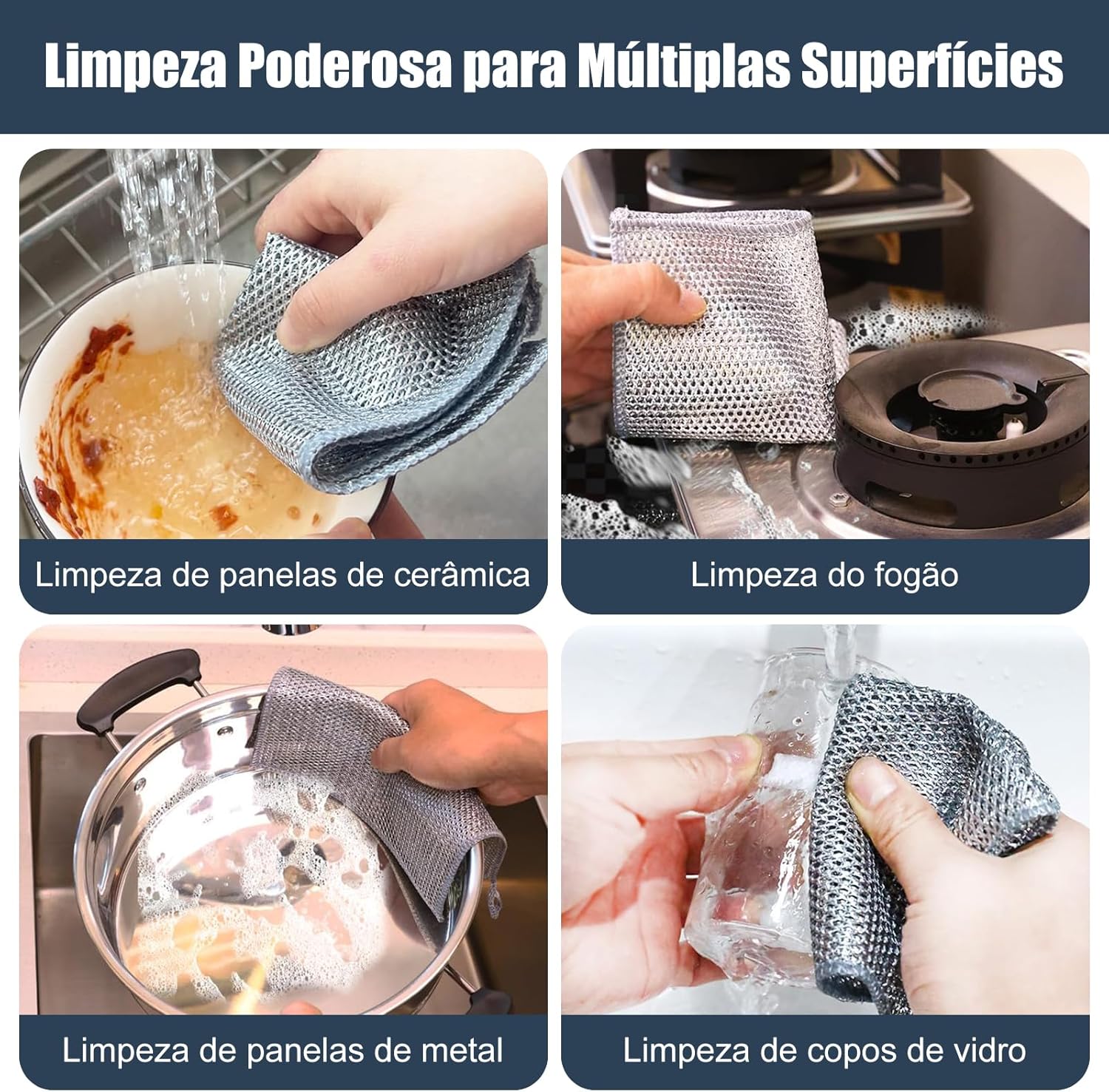 Kit 12 Panos de Limpeza Multiuso Malha de Aço Não Risca 20x20cm Reutilizável Sem Odor IZE SHINE