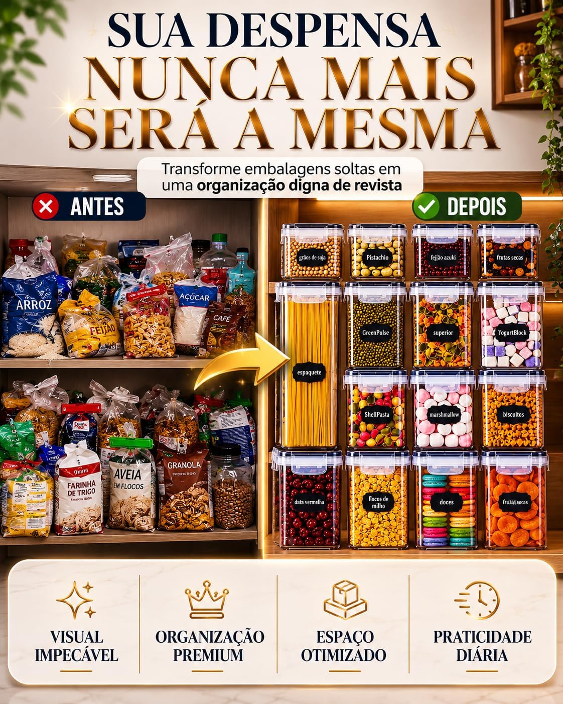 Kit 15 Potes Herméticos Empilháveis 4 Tamanhos Silicone Etiquetas Organizadores Premium IZEKEEP PRO