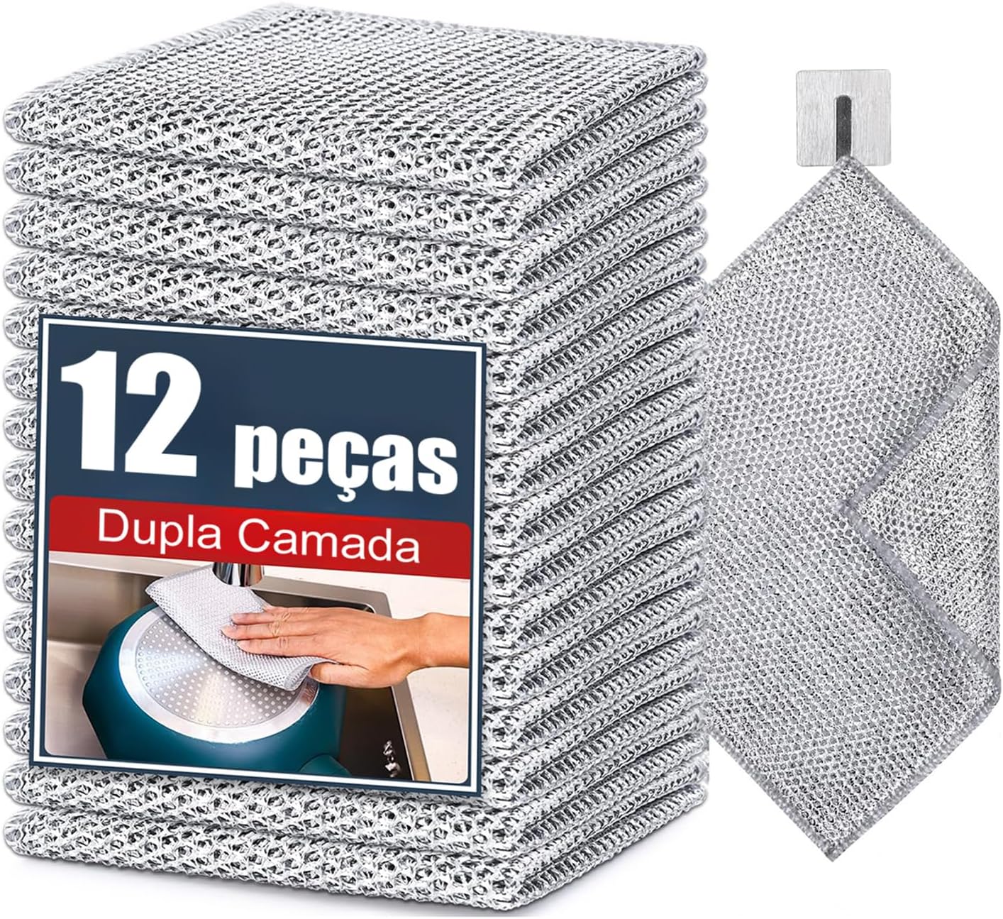 Kit 12 Panos de Limpeza Multiuso Malha de Aço Não Risca 20x20cm Reutilizável Sem Odor IZE SHINE