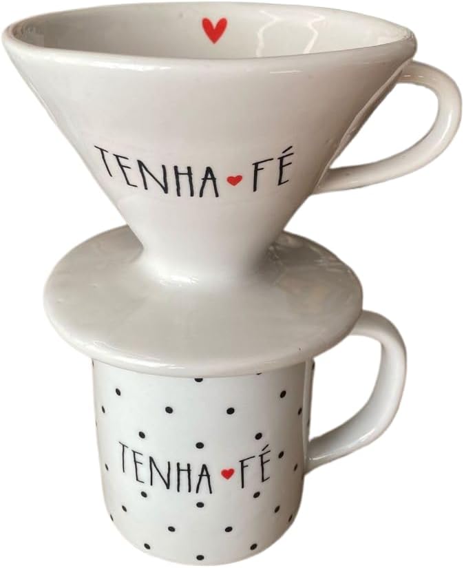 Kit Caneca 300ml Decorada + Coador de Porcelana Branco Frase Motivacional Café Individual IZECOFFEE PRO IZESHOP Caneca decorada de 300ml com frase motivacional para café individual e uso diário