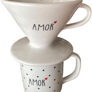 Kit Caneca 300ml Decorada + Coador de Porcelana Branco Frase Motivacional Café Individual IZECOFFEE PRO