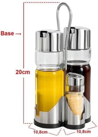 Galheteiro 5 Peças Vidro Transparente Tampa Inox Suporte Cromado Premium IZESHINE PRO IZESHOP Galheteiro de vidro para azeite vinagre e temperos com visual elegante e fácil visualização do conteúdo