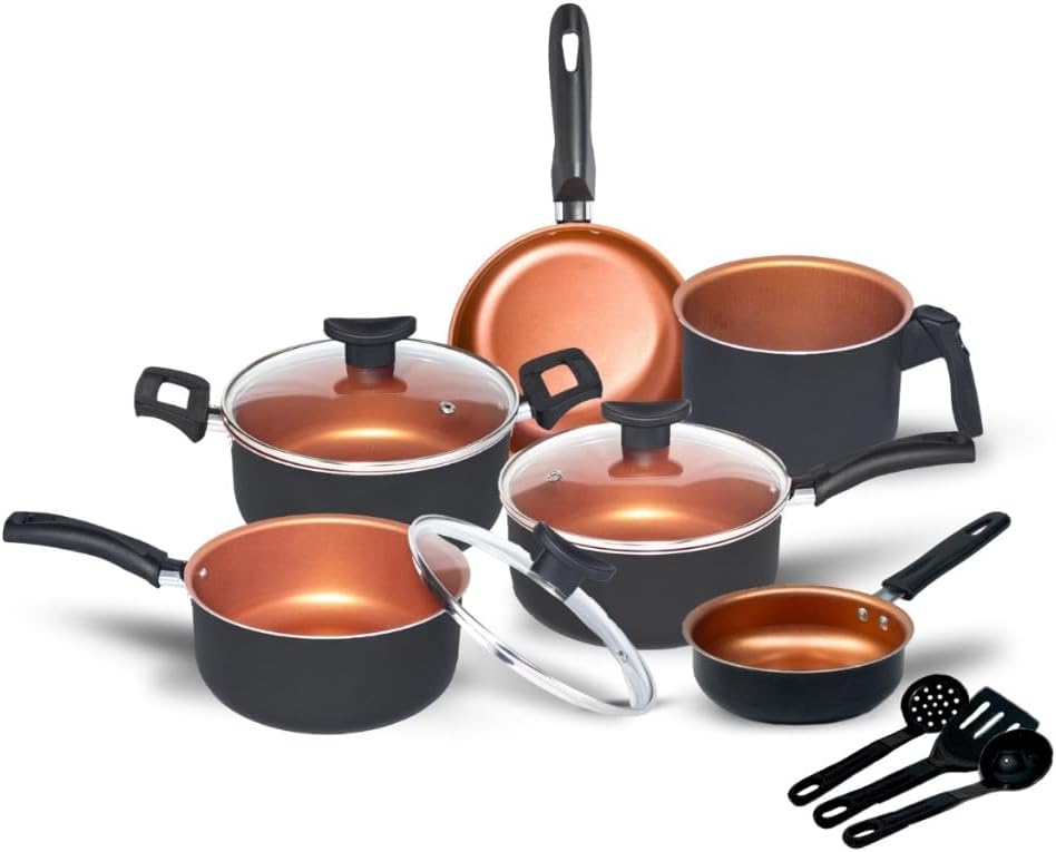 Jogo de Panela 9 Peças Antiaderente Teflon Cobre com Tampa de Vidro Premium IZECHEF PRO IZESHOP Jogo de Panela 9 Peças Antiaderente Teflon Cobre IZECHEF PRO com visual premium para cozinha