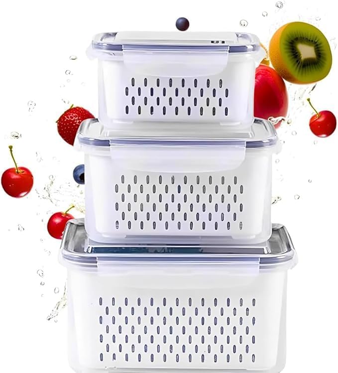 Kit 3 Potes Organizadores Geladeira Herméticos BPA Free Cesto Escorredor 850ml 1750ml 3300ml IZEFRESH PRO