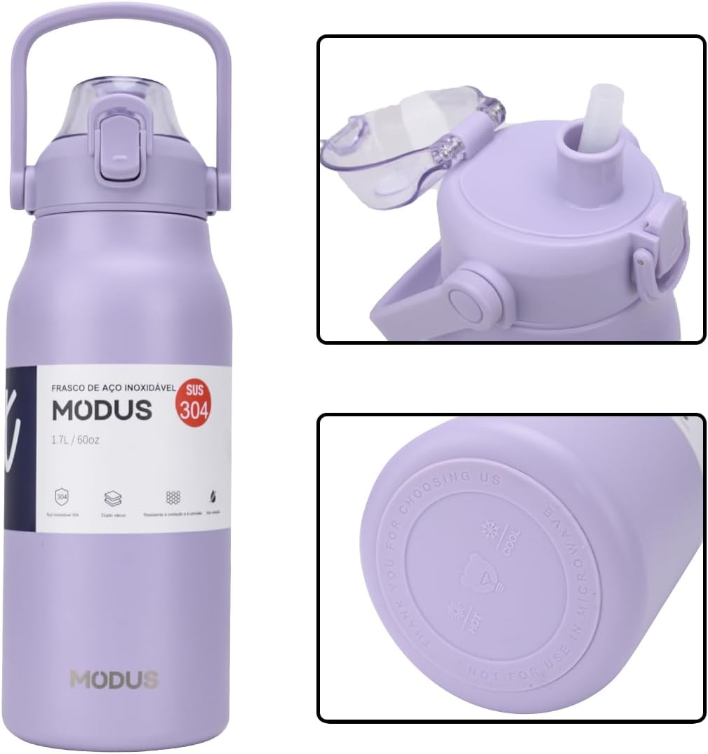 Garrafa Térmica Inox 1700ml Com Canudo, Tampa Anti-Pó, À Prova de Vazamentos, IZECOOL MAX IZESHOP Garrafa térmica inox livre de BPA com boca larga e alça de transporte IZECOOL MAX