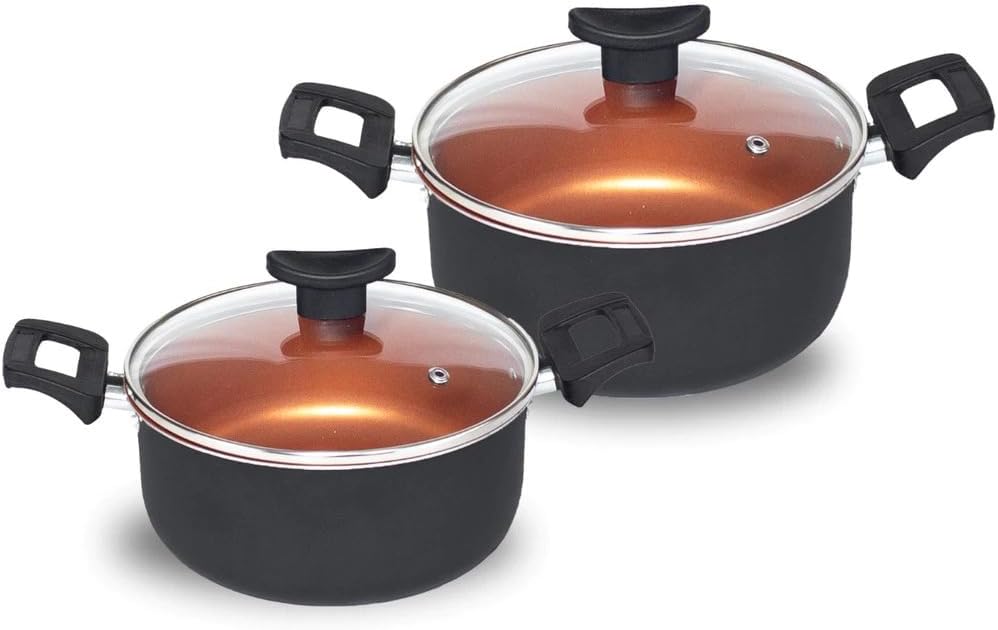 Jogo de Panela 9 Peças Antiaderente Teflon Cobre com Tampa de Vidro Premium IZECHEF PRO IZESHOP Jogo de panelas cobre premium IZECHEF PRO com cabos ergonômicos e tampas de vidro temperado