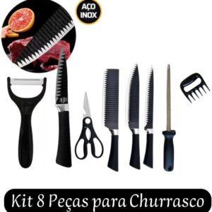 Conjunto Facas Churrasco Inox 8 Peças Profissional Cabo Marrom Afiadas KIT IZECHOP PRO