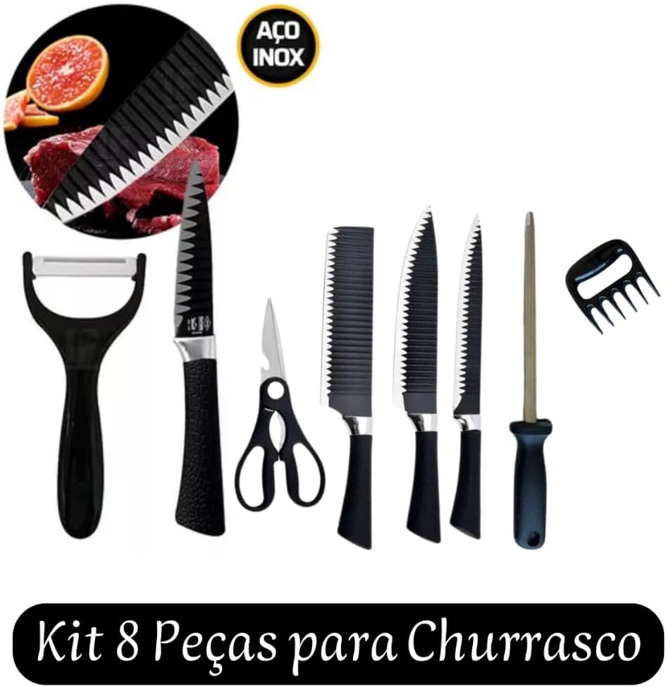 Conjunto Facas Churrasco Inox 8 Peças Profissional Cabo Marrom Afiadas KIT IZECHOP PRO