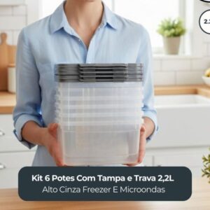 Kit 6 Potes Plásticos 2,2L Alto Cinza com Tampa Trava Premium IZELOCK PRO Kit 6 Potes Plásticos 2,2L Alto Cinza com Tampa Trava Premium IZELOCK PRO