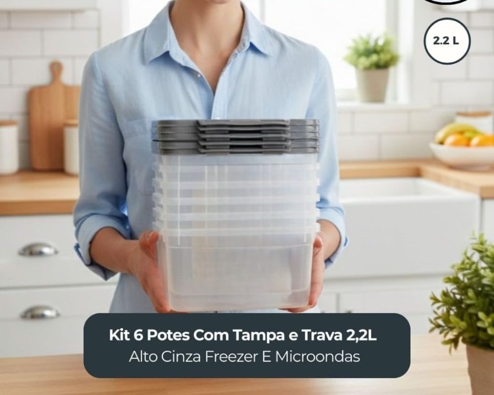 Kit 6 Potes Plásticos 2,2L Alto Cinza com Tampa Trava Premium IZELOCK PRO IZESHOP Potes altos cinza 2,2L com tampa e trava para organização da cozinha