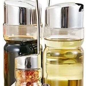 Galheteiro 5 Peças Vidro Transparente Tampa Inox Suporte Cromado Premium IZESHINE PRO