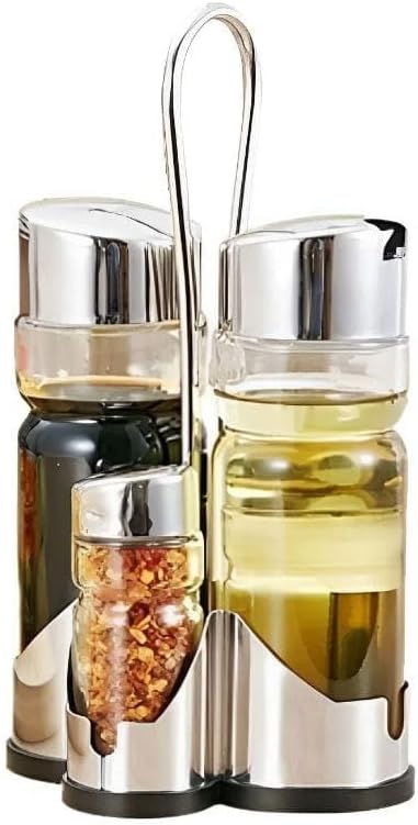 Galheteiro 5 Peças Vidro Transparente Tampa Inox Suporte Cromado Premium IZESHINE PRO IZESHOP Galheteiro 5 peças IZESHINE PRO com frascos de vidro transparente e suporte cromado para mesa organizada