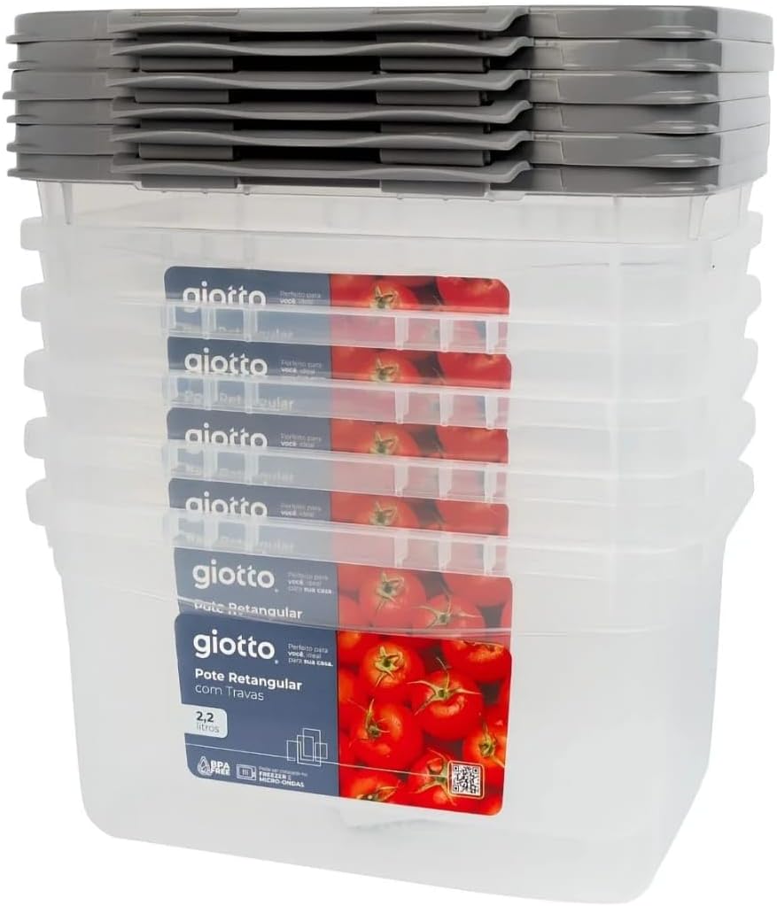 Kit 6 Potes Retangulares 2,2L Transparentes com Travas Cinza BPA Free Freezer Micro-ondas IZELOCK PRO