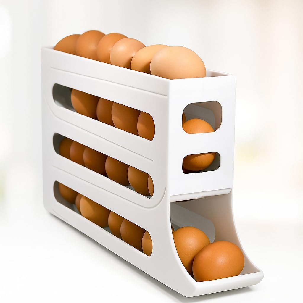 Porta Ovos 4 Andares 30 Unidades Branco Plástico BPA Free Deslizante Automático IZEFRESH PRO IZESHOP Porta Ovos 4 Andares IZEFRESH PRO branco com sistema deslizante automático para geladeira organizada