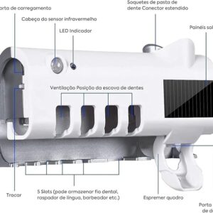 Suporte Escova de Dentes UV Branco 4 Compartimentos Dispenser Pasta Parede Premium IZEHYGIENE PRO