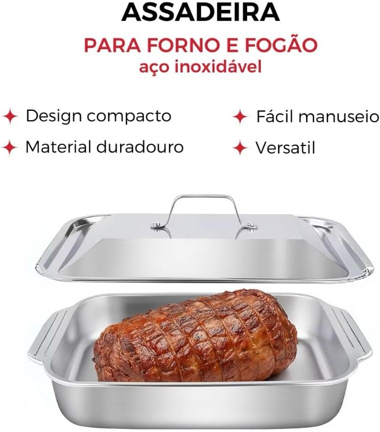 Assadeira de Inox com Tampa, Antiderrapante, Alta Temperatura, Premium IZEBAKE PRO IZESHOP Assadeira em aço inox de fácil limpeza para cozinha doméstica ou profissional