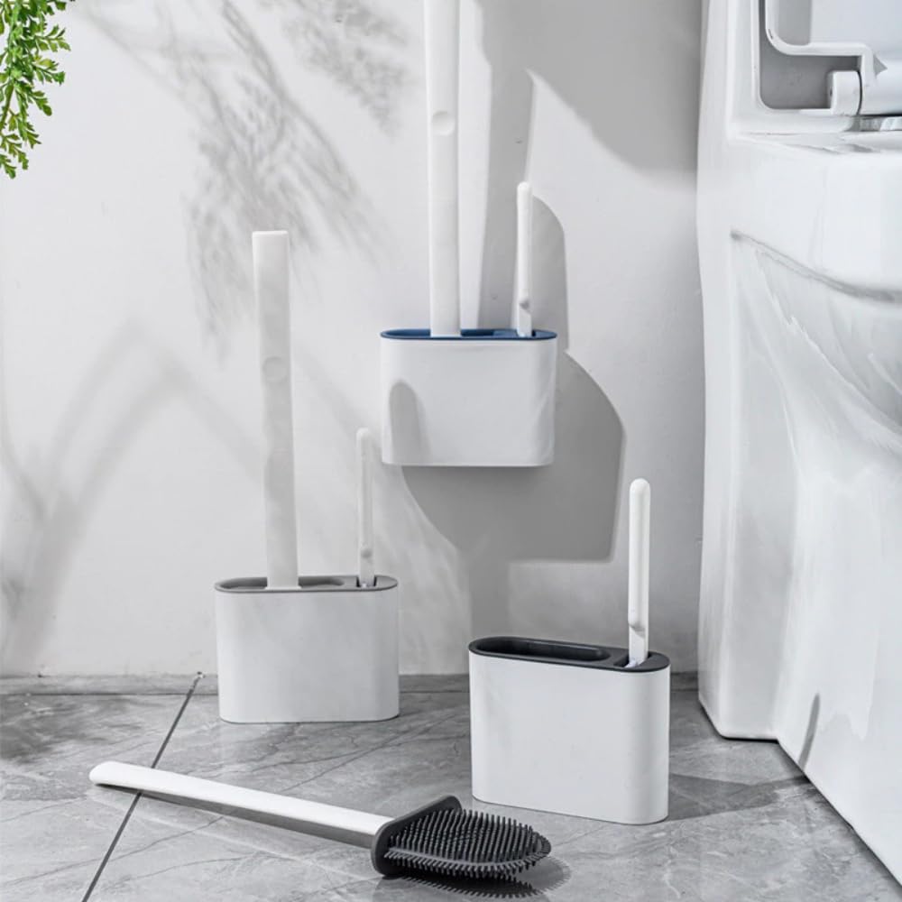 Escova Sanitária de Silicone 2 em 1 com Suporte Adesivo Branco/Preto Compacta Premium IZEWALL PRO IZESHOP Escova sanitária compacta com suporte adesivo para organização do banheiro