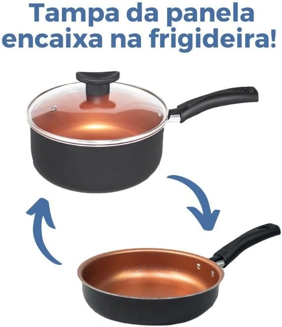 Jogo de Panela 9 Peças Antiaderente Teflon Cobre com Tampa de Vidro Premium IZECHEF PRO IZESHOP Conjunto de panelas com diferentes tamanhos para cozinhar com mais praticidade e organização