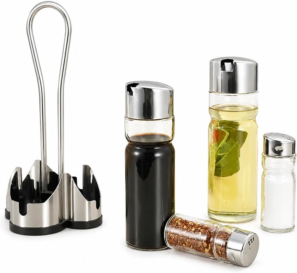 Galheteiro 5 Peças Vidro Transparente Tampa Inox Suporte Cromado Premium IZESHINE PRO IZESHOP Galheteiro premium com tampas práticas e bico dosador para servir azeite vinagre e molhos com mais precisão