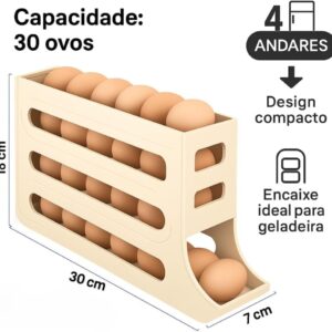Porta Ovos 4 Andares 30 Unidades Branco Plástico BPA Free Deslizante Automático IZEFRESH PRO Porta Ovos 4 Andares 30 Unidades Branco Plástico BPA Free Deslizante Automático IZEFRESH PRO