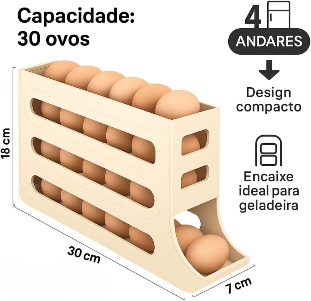 Porta Ovos 4 Andares 30 Unidades Branco Plástico BPA Free Deslizante Automático IZEFRESH PRO IZESHOP Organizador de ovos branco de 4 andares com capacidade para 30 unidades e visualização rápida